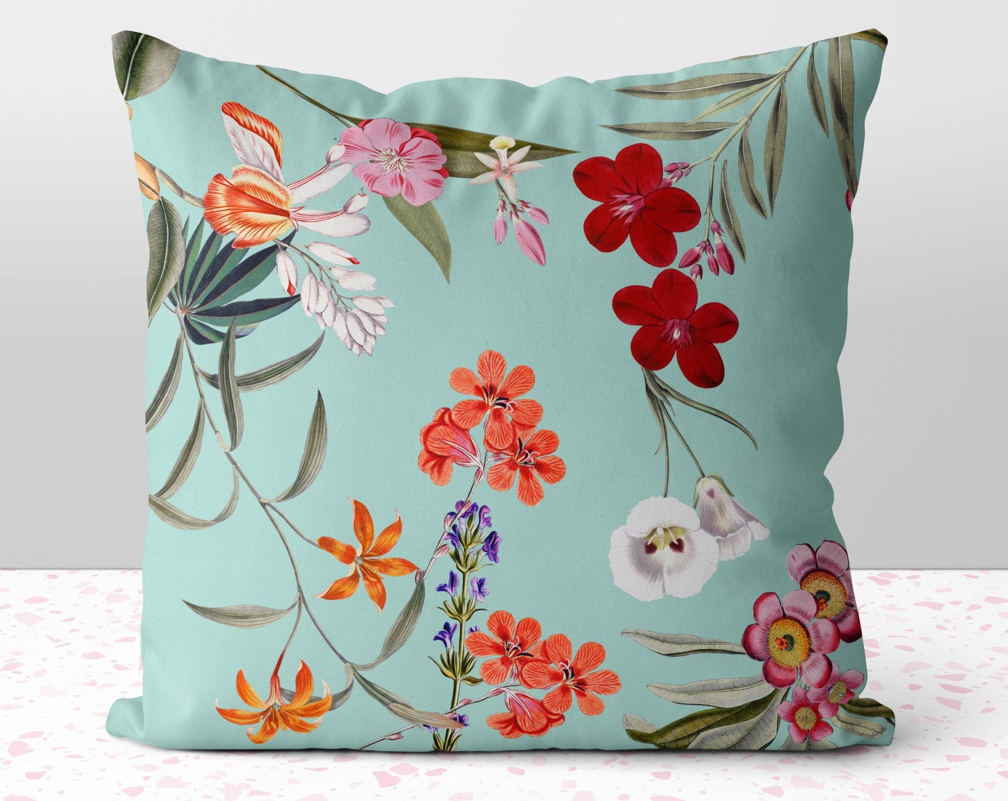 Fresh Floral Flowers on Aqua Teal Blue Square Pillow with Pink Orange Cush Potato Pillows