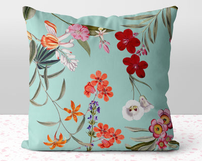 Fresh Floral Flowers on Aqua Teal Blue Square Pillow with Pink, Orange and Red Floral Accents with Cover Throw with Insert - Cush Potato Pillows