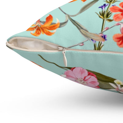 Fresh Floral Flowers on Aqua Teal Blue Square Pillow with Pink, Orange and Red Floral Accents with Cover Throw with Insert - Cush Potato Pillows