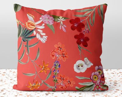 Fresh Floral Flowers on Blood Orange Pillow Throw Cover with Insert - Cush Potato Pillows