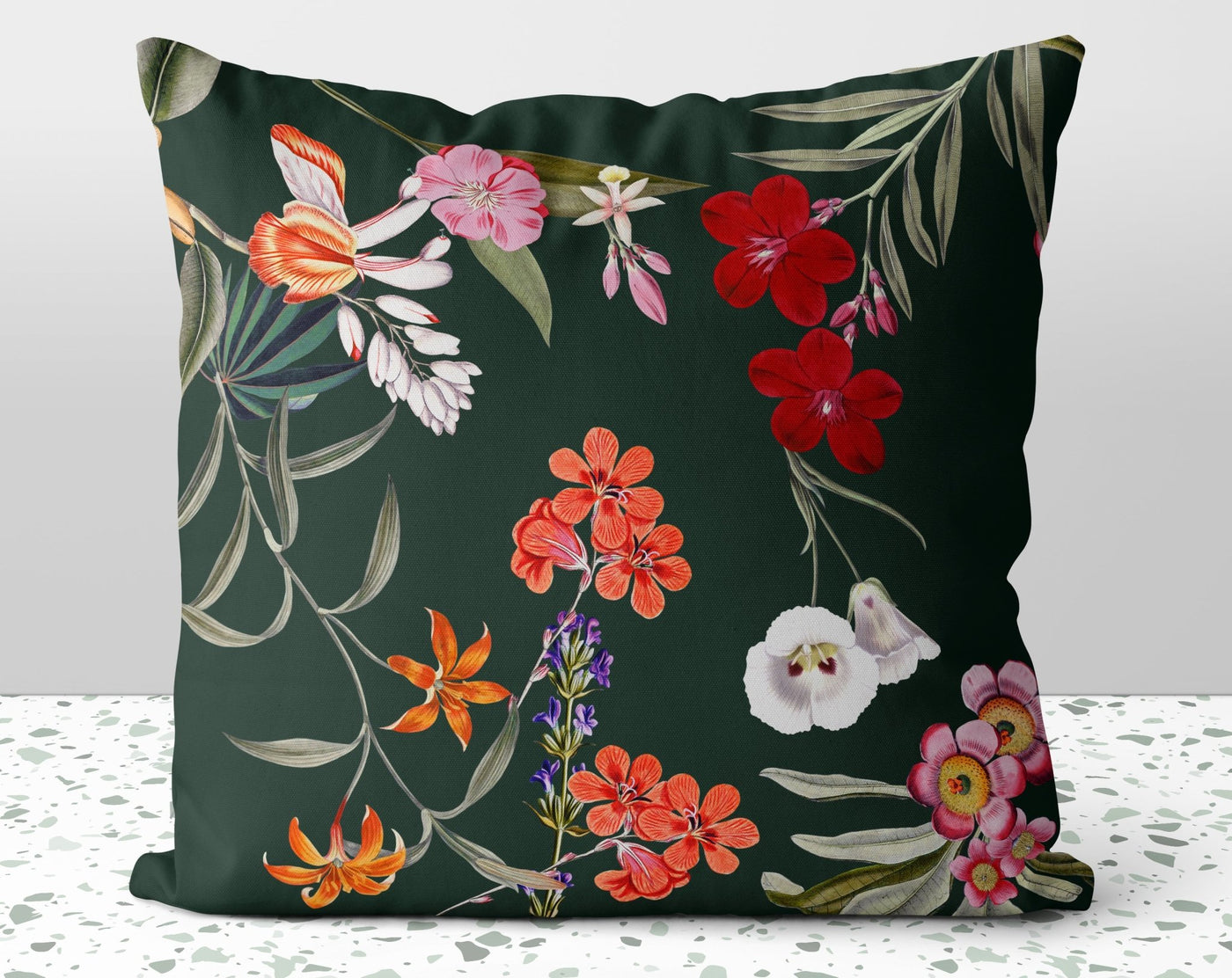 Fresh Floral Flowers on Everest Green Pillow Throw Cover with Insert - Cush Potato Pillows