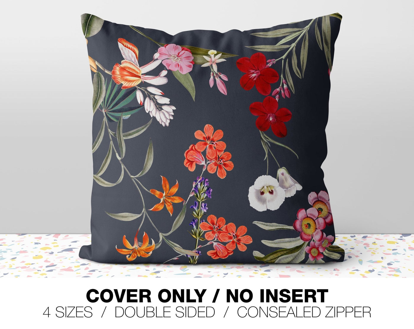 Fresh Floral Flowers on Gray Grey Pillow Throw - Cover Only - NO INSERT - Cush Potato Pillows