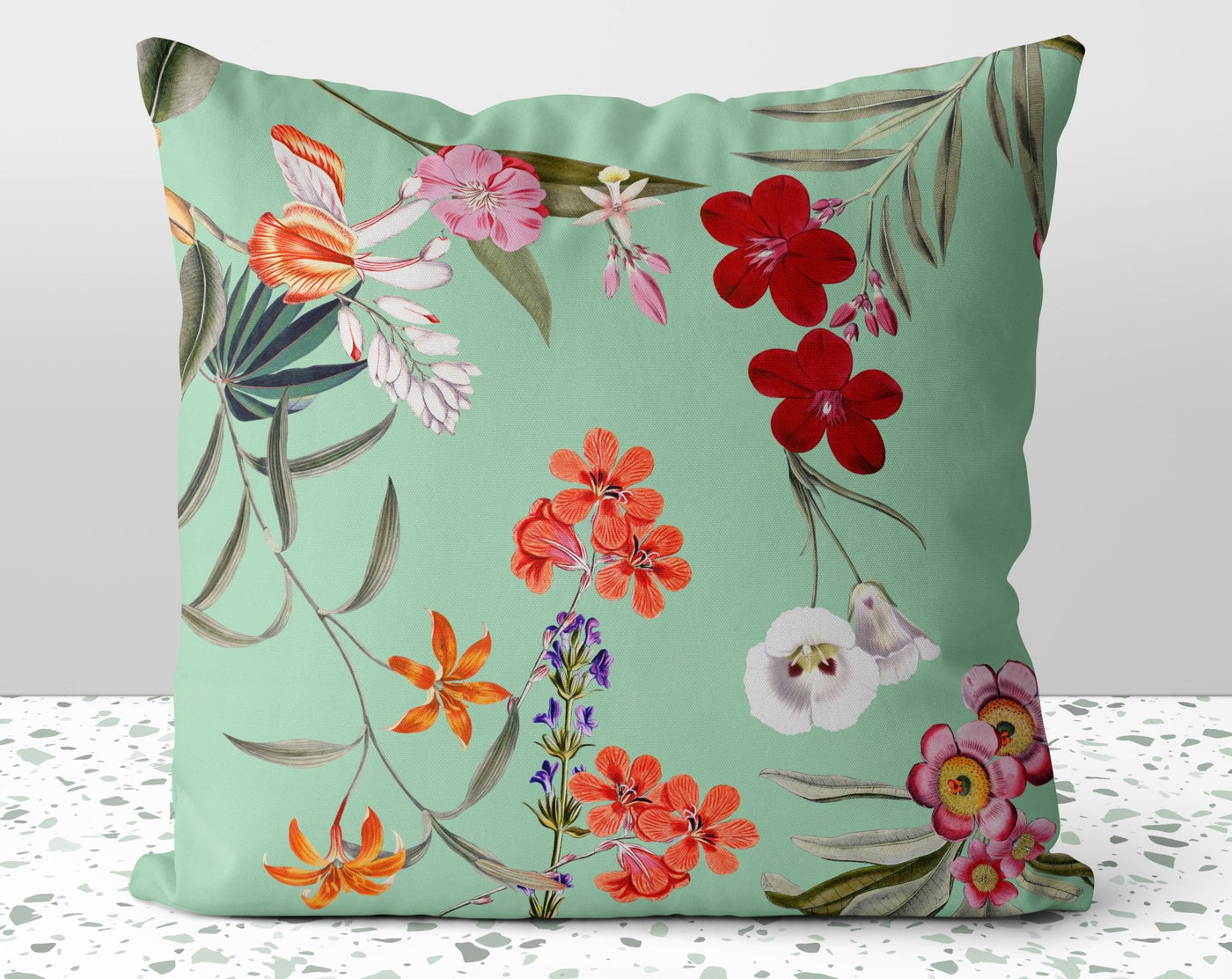 Fresh Floral Flowers on Green Square Pillow with Pink, Orange and Red Floral Accents with Cover Throw with Insert - Cush Potato Pillows