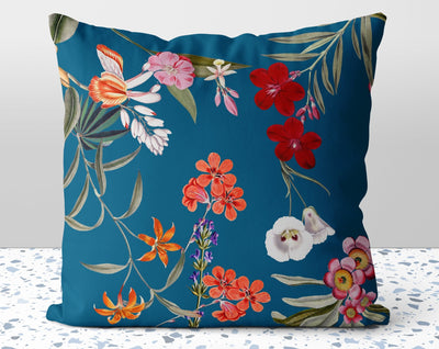 Fresh Floral Flowers on Imperial Blue Pillow Throw Cover with Insert - Cush Potato Pillows