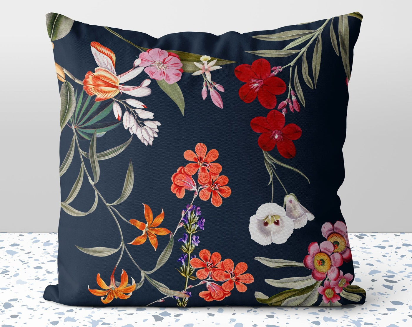 Fresh Floral Flowers on Navy Blue Pillow Throw Cover with Insert - Cush Potato Pillows