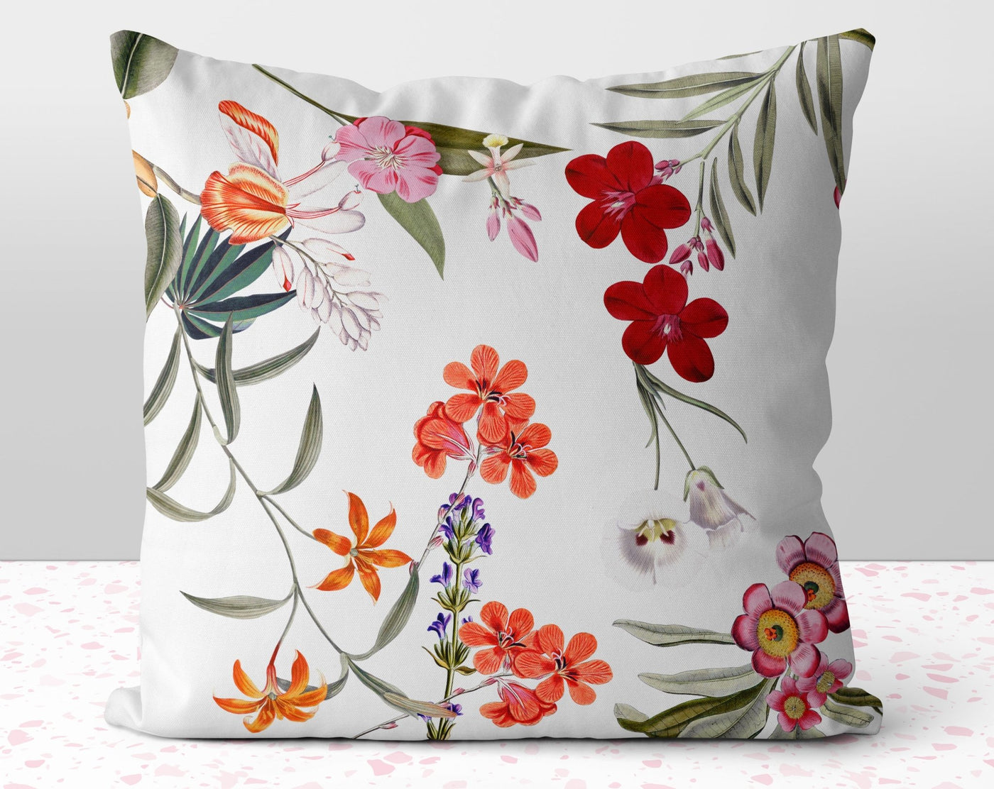 Fresh Floral Flowers on White Pillow Throw Cover with Insert - Cush Potato Pillows