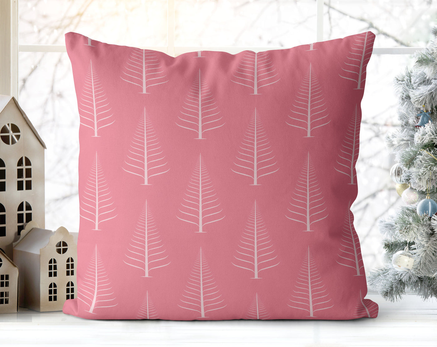 Gentle Winter Christmas Trees Carnation Pink Pillow Throw - Cush Potato Pillows
