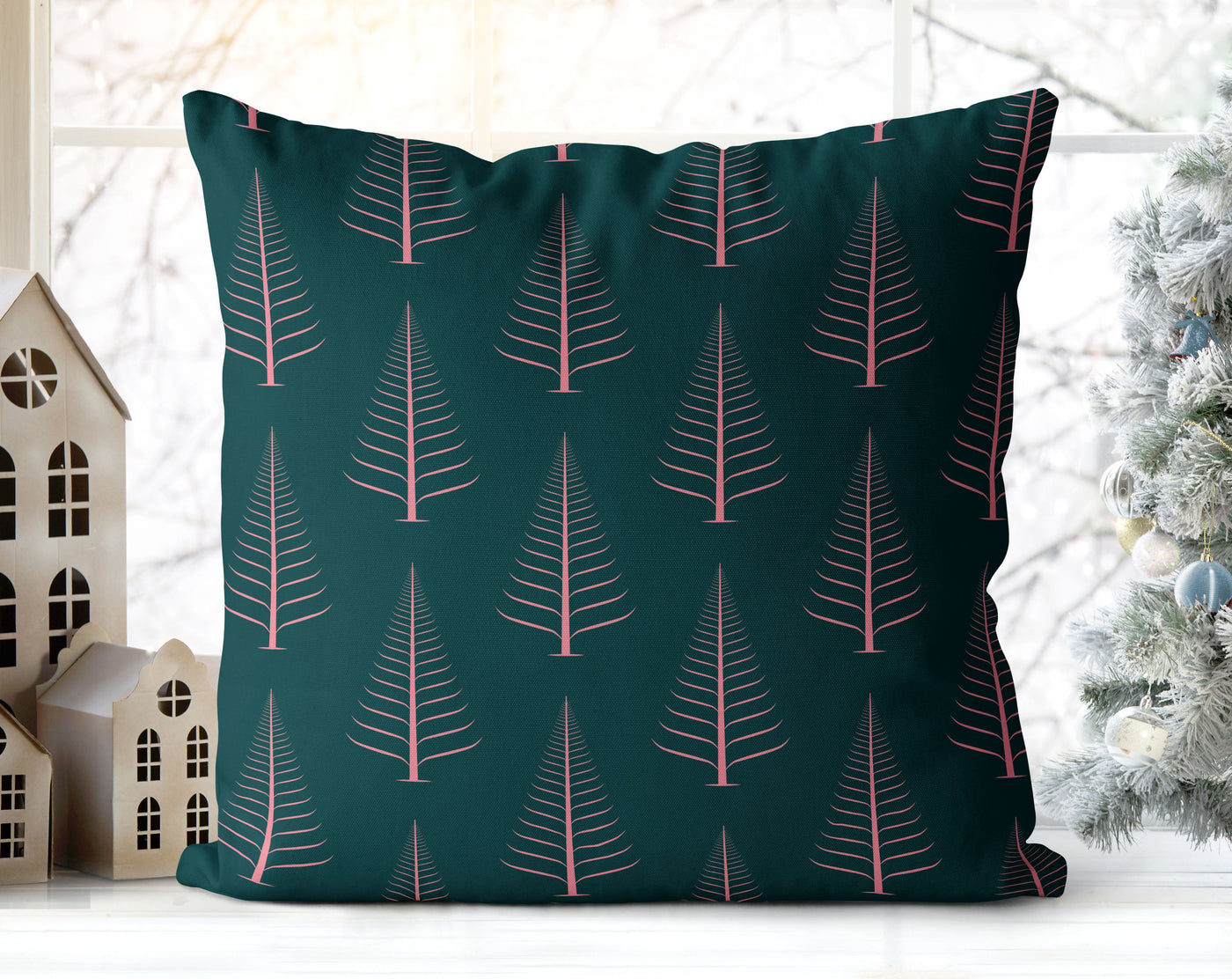 Gentle Winter Christmas Trees Flamingo Pink on Emerald Green Pillow Throw - Cush Potato Pillows