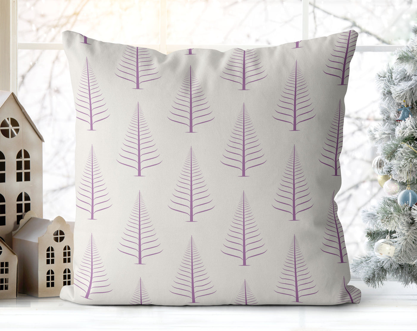 Gentle Winter Christmas Trees Lilac Purple Off-White Cream Pillow Throw - Cush Potato Pillows