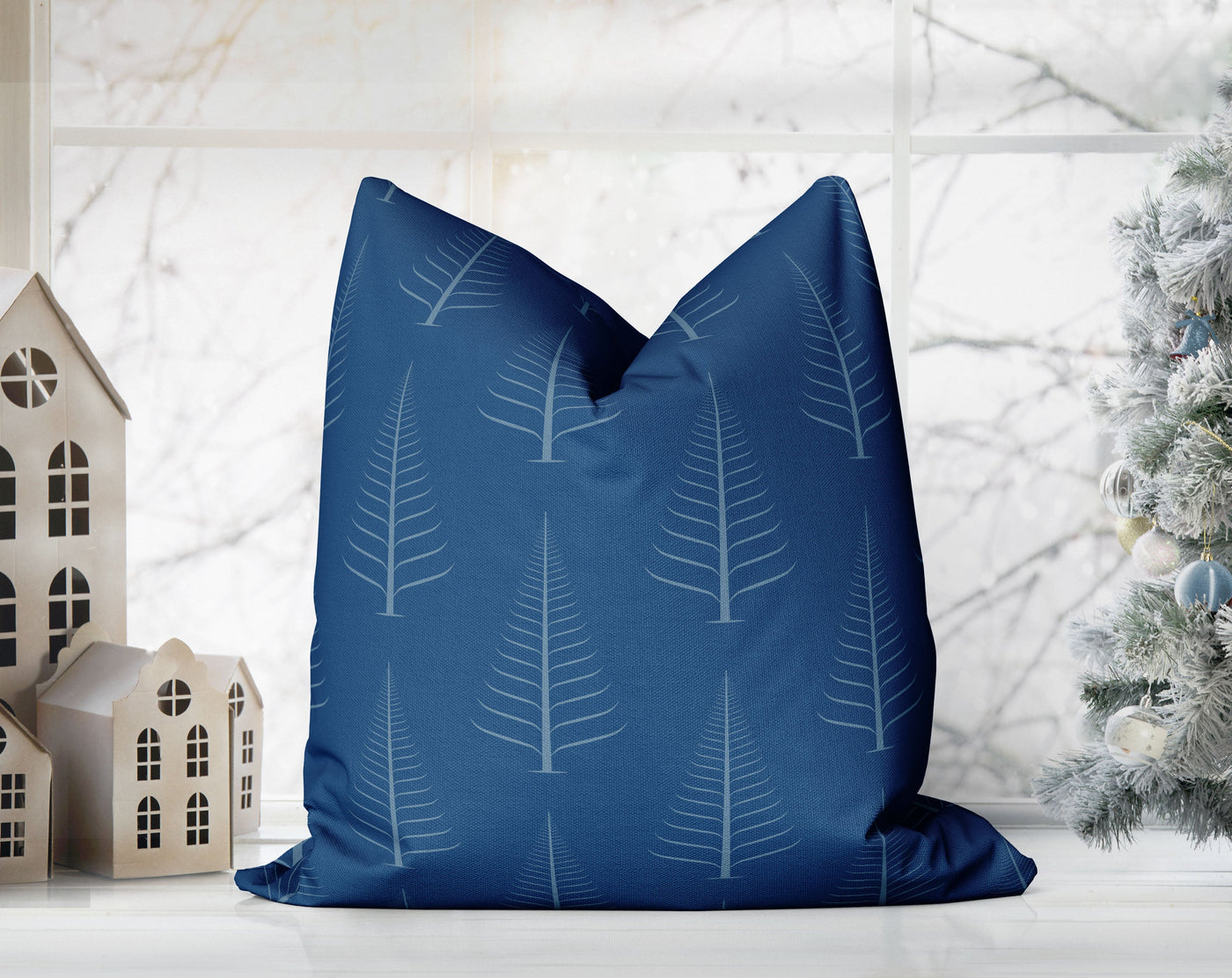 Gentle Winter Christmas Trees Oxford Blue Pillow Throw - Cush Potato Pillows