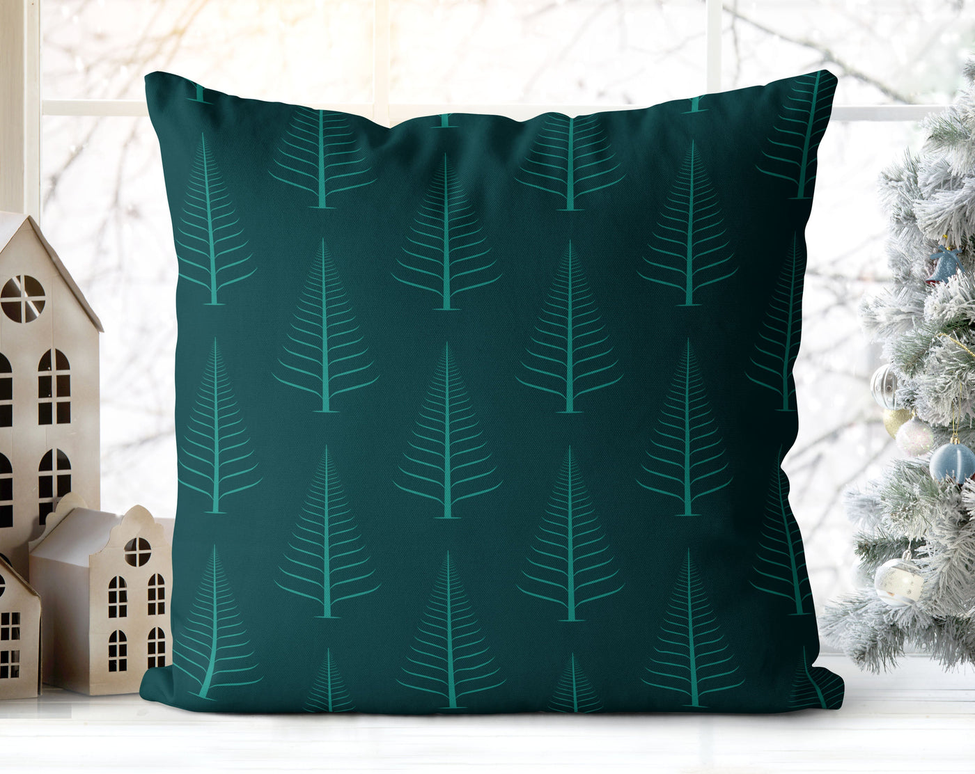Gentle Winter Christmas Trees Refreshing Emerald Green Pillow Throw - Cush Potato Pillows