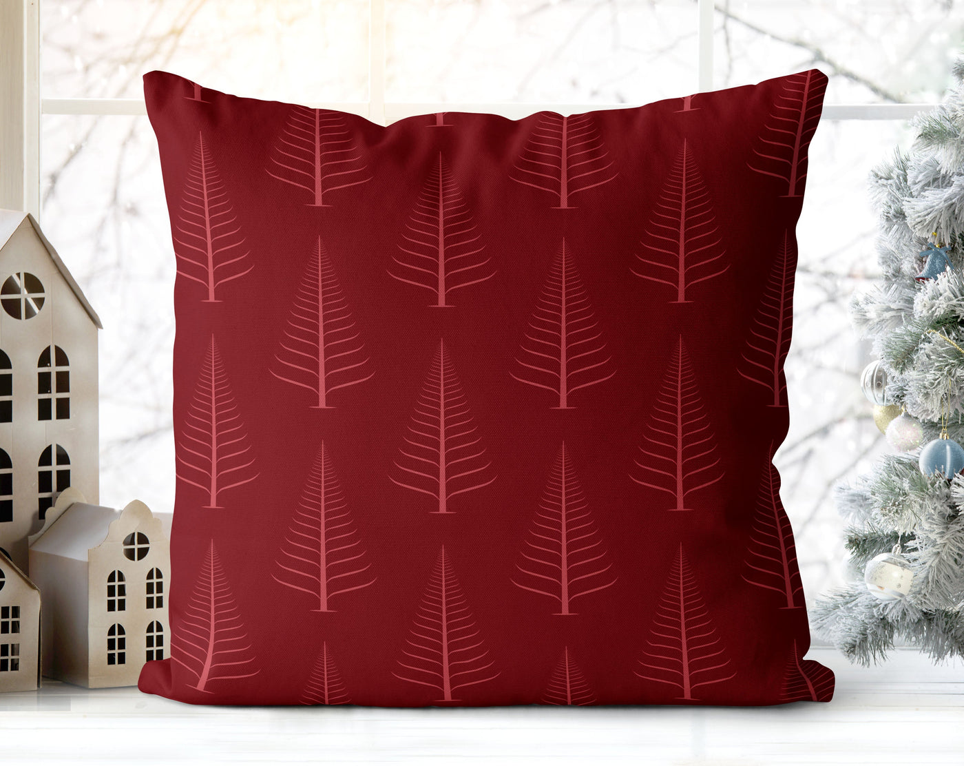 Gentle Winter Christmas Trees Scarlet Red Pillow Throw - Cush Potato Pillows