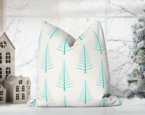 Gentle Winter Christmas Trees Tiffany Blue Off-White Cream Pillow Throw - Cush Potato Pillows