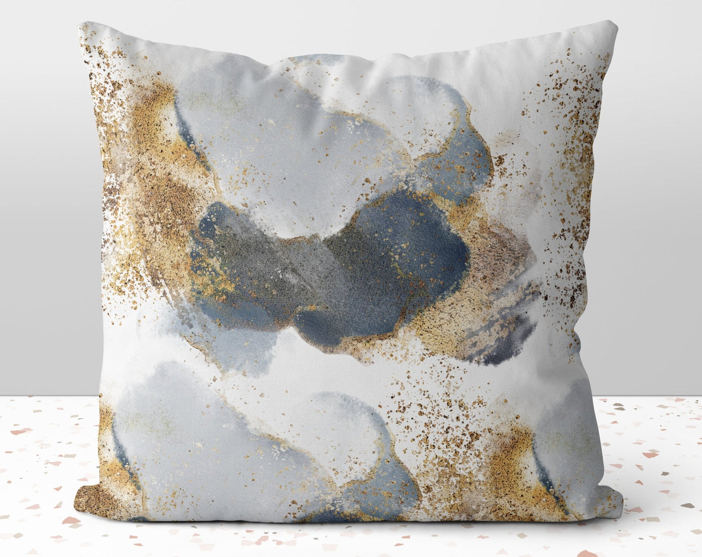 Glam + Chic Bluey Blue Gray with Gold Printed Accents Pillow Throw Cover with Insert - Cush Potato Pillows