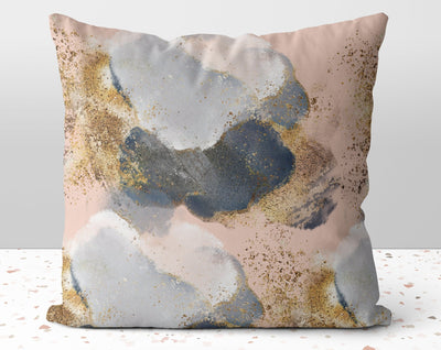 Glam + Chic Pink Blue Gray Square Pillow with Gold Printed Accents with Cover Throw with Insert - Cush Potato Pillows