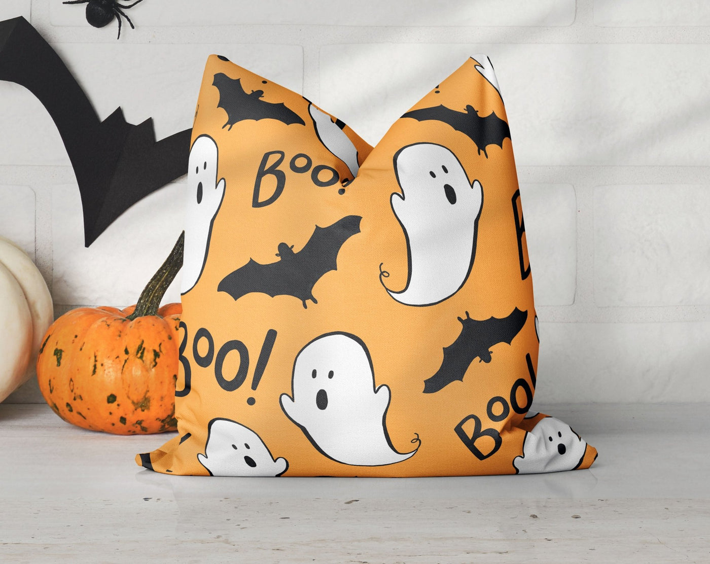 Halloween Boo Ghosts and Bats Orange Pillow Throw Cover with Insert - Cush Potato Pillows