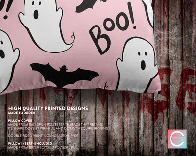 Halloween Boo Ghosts and Bats Pink Pillow Throw Cover with Insert - Cush Potato Pillows