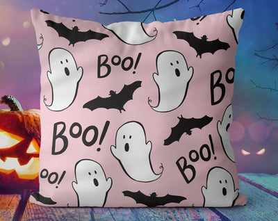 Halloween Boo Ghosts and Bats Pink Pillow Throw Cover with Insert - Cush Potato Pillows