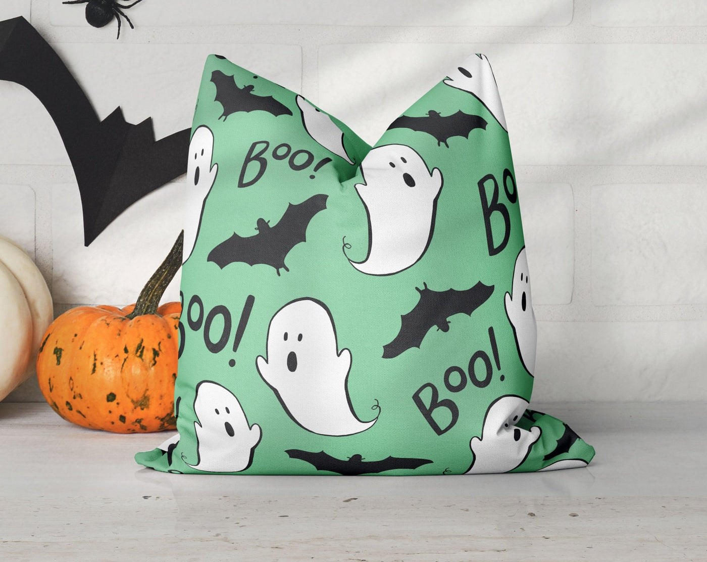 Halloween Boo Ghosts Bats Green Pillow Throw Cover - Cush Potato Pillows
