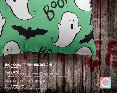 Halloween Boo Ghosts Bats Green Pillow Throw Cover - Cush Potato Pillows