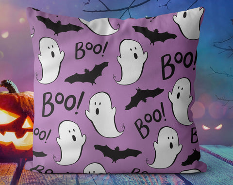 Halloween Boo Ghosts Bats Purple Pillow Throw Cover - Cush Potato Pillows