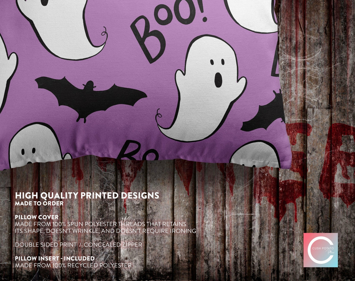 Halloween Boo Ghosts Bats Purple Pillow Throw Cover - Cush Potato Pillows