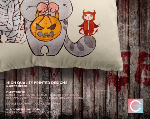 Halloween Cat Mummy Devil Costume Trick or Treat Orange Square Pillow with Cover Throw with Insert - Cush Potato Pillows