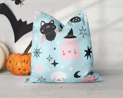 Halloween Cute Bats and Ghost Witches Blue Pillow Throw Cover - Cush Potato Pillows