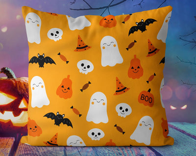 Halloween Cute Bats and Ghost Witches Orange Pillow Throw Cover - Cush Potato Pillows