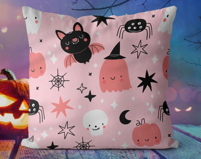 Halloween Cute Bats and Ghost Witches Pink Pillow Throw Cover - Cush Potato Pillows
