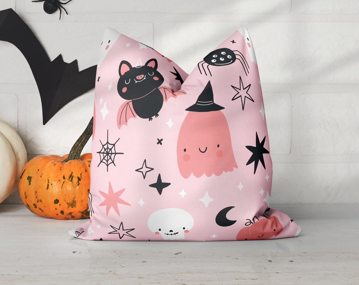 Halloween Cute Bats and Ghost Witches Pink Pillow Throw Cover - Cush Potato Pillows