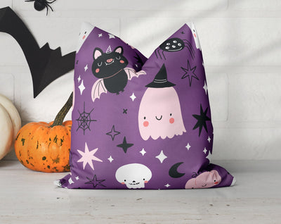 Halloween Cute Bats and Ghost Witches Purple Pillow Throw Cover - Cush Potato Pillows