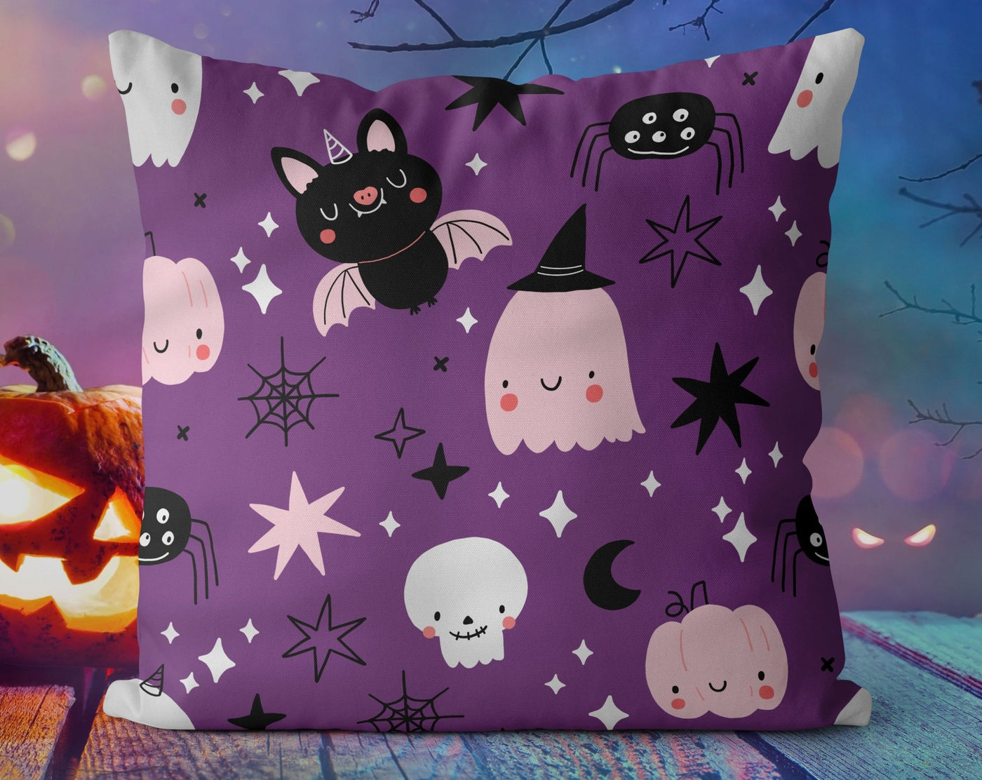 Halloween Cute Bats and Ghost Witches Purple Pillow Throw Cover - Cush Potato Pillows
