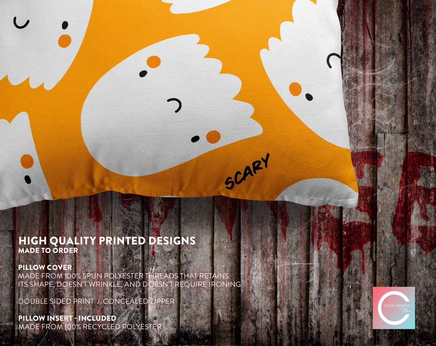 Halloween Cute Scary Ghosts Orange Pillow Throw Cover - Cush Potato Pillows