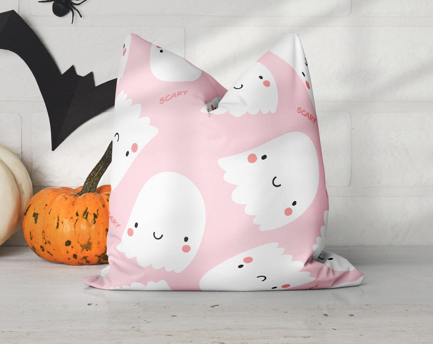 Halloween Cute Scary Ghosts Pink Pillow Throw Cover - Cush Potato Pillows