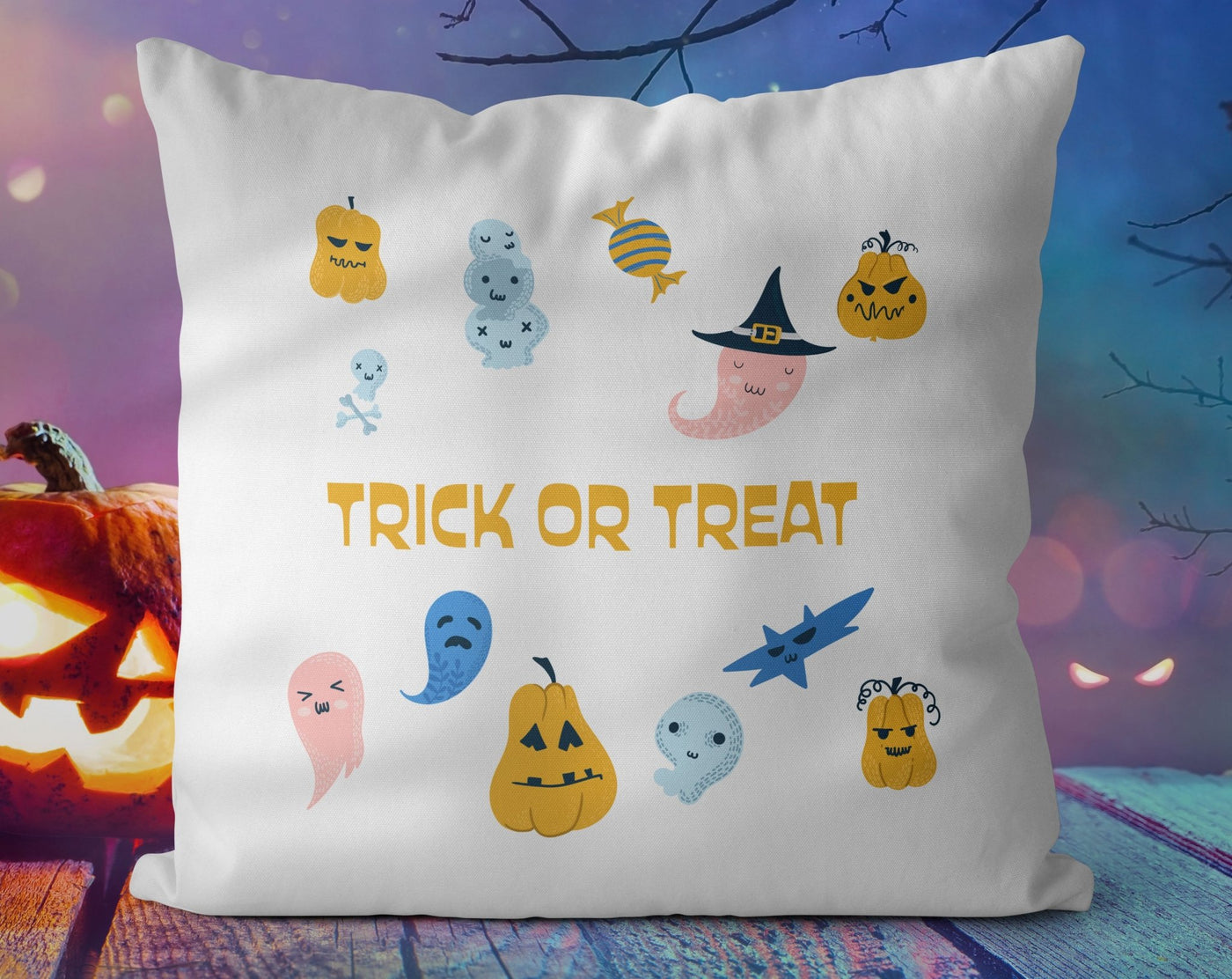 Halloween Ghosts and Jack O'lantern Trick or Treat Pillow Throw Cover with Insert - Cush Potato Pillows