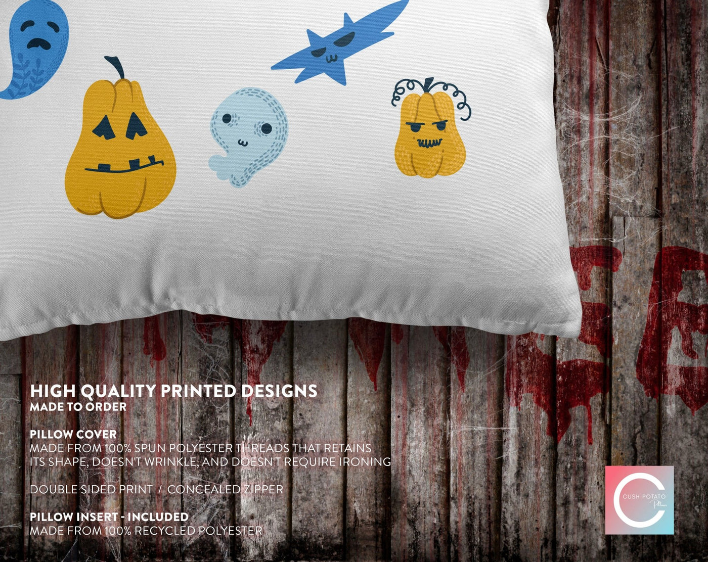 Halloween Ghosts and Jack O'lantern Trick or Treat Pillow Throw Cover with Insert - Cush Potato Pillows