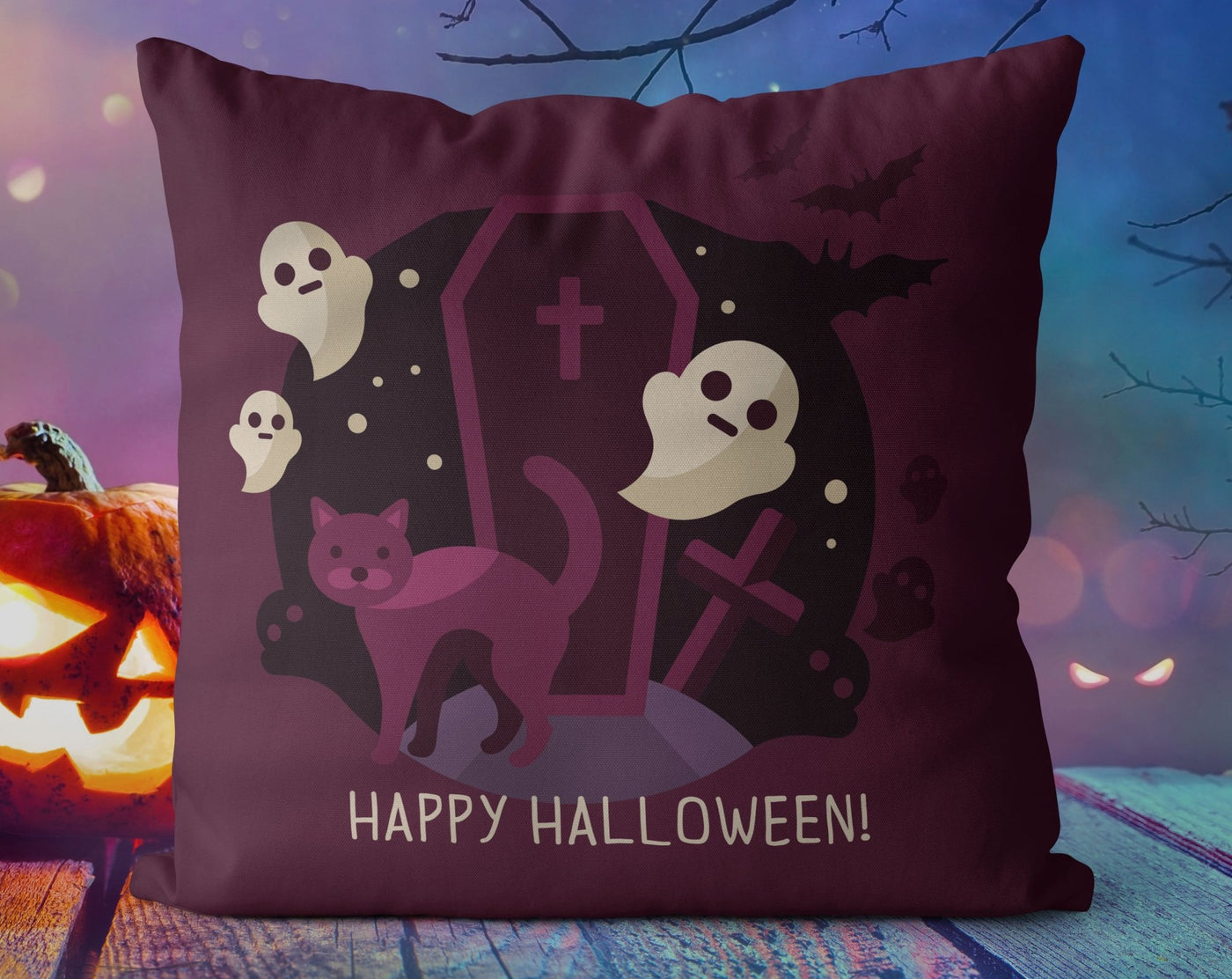 Halloween Ghosts Cat jack o'lantern Purple Magenta Orange Square Pillow Cover Throw with Insert - Cush Potato Pillows