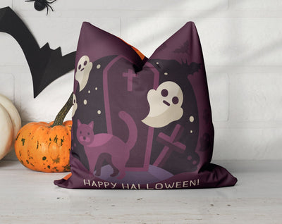 Halloween Ghosts Cat jack o'lantern Purple Magenta Orange Square Pillow Cover Throw with Insert - Cush Potato Pillows
