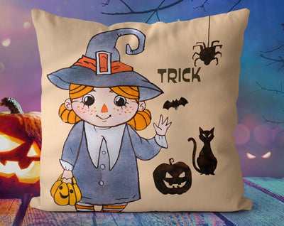 Halloween Witch and Princess Trick or Treat Orange Pink Square Pillow Cover Throw with Insert - Cush Potato Pillows
