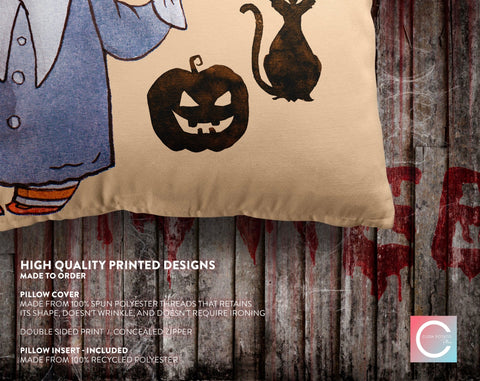 Halloween Witch and Princess Trick or Treat Orange Pink Square Pillow Cover Throw with Insert - Cush Potato Pillows