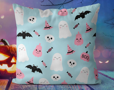 Happy Halloween Shy Ghosts and Bats with Pumpkin and Candy Blue Pillow Throw Cover - Cush Potato Pillows
