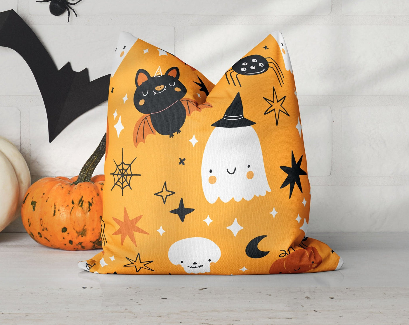 Happy Halloween Shy Ghosts and Bats with Pumpkin and Candy Orange Pillow Throw Cover - Cush Potato Pillows