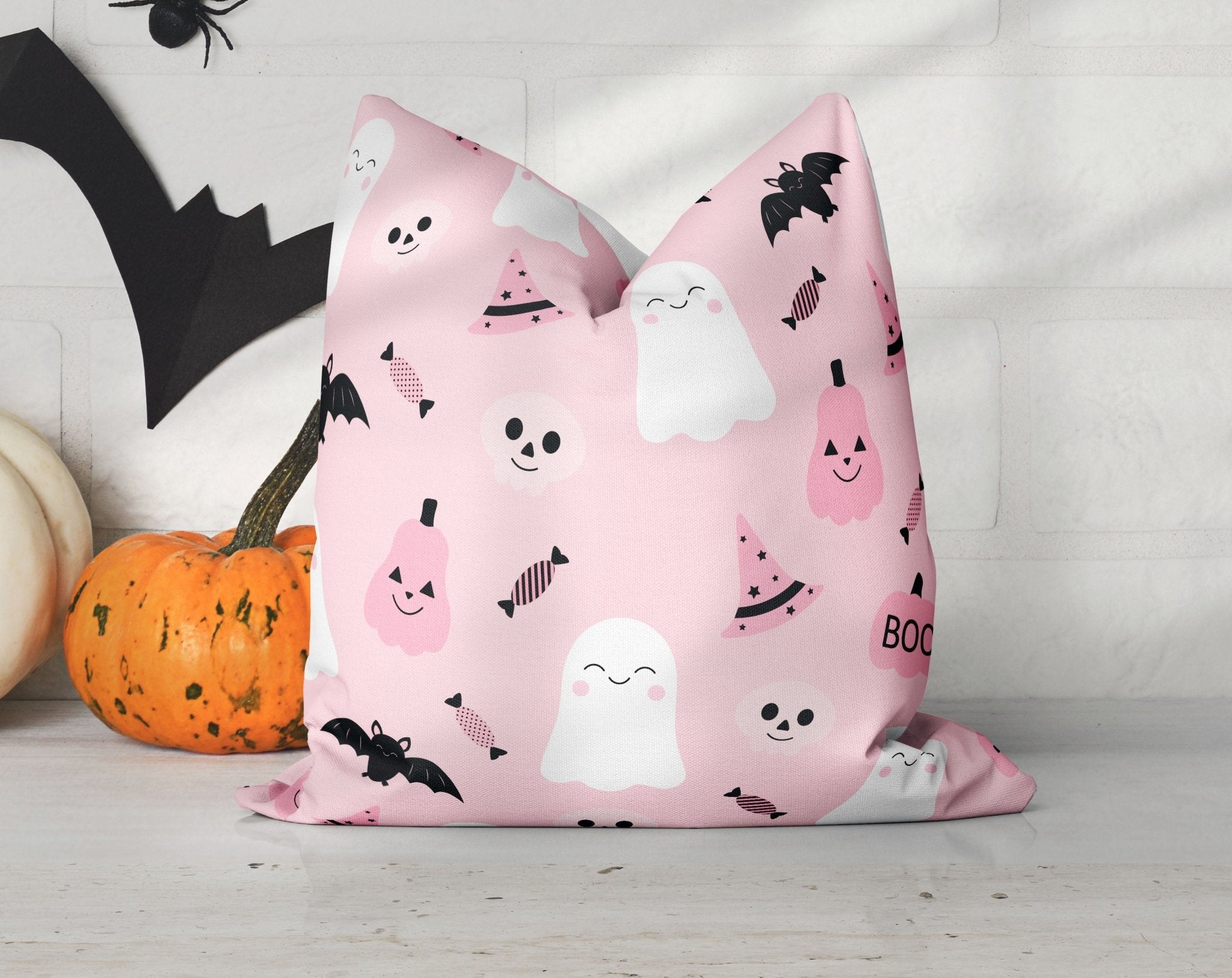 Halloween pink shops pastel pillow with pumpkins , ghost and bats