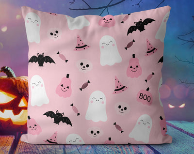 Happy Halloween Shy Ghosts and Bats with Pumpkin and Candy Pink Pillow Throw Cover - Cush Potato Pillows
