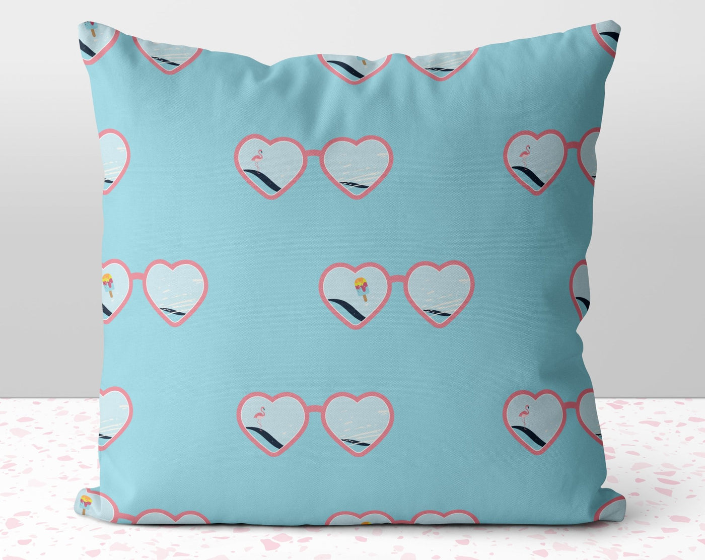 Heart Sunglasses Summer Fun Blue Square Pillow with Flamingo Popsicle Ocean Accents with Cover Throw with Insert - Cush Potato Pillows