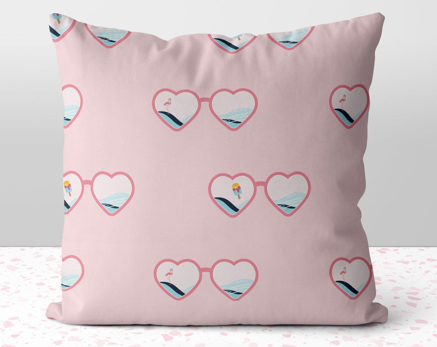 Heart Sunglasses Summer Fun Pink Pillow Throw Cover with Insert - Cush Potato Pillows