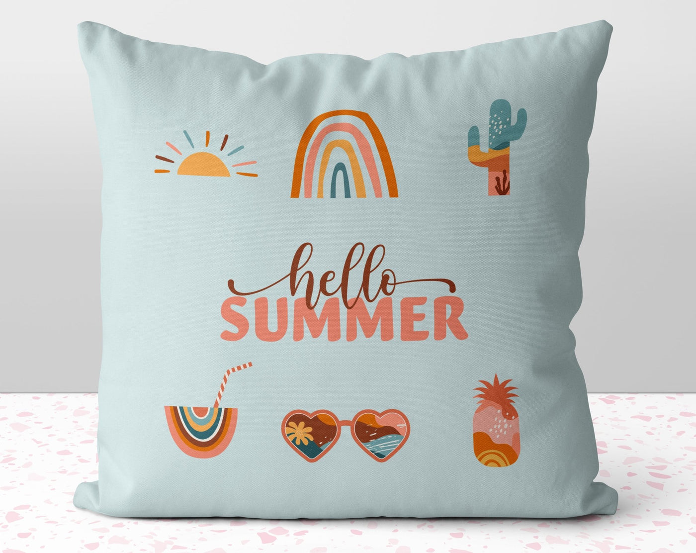 Hello Summer Boho Blue Pillow Throw Cover with Insert - Cush Potato Pillows