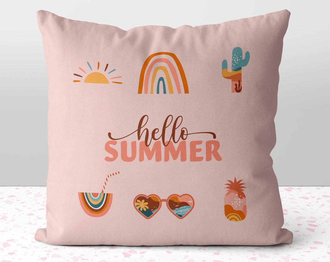 Hello Summer Boho Pink Pillow Throw Cover with Insert - Cush Potato Pillows