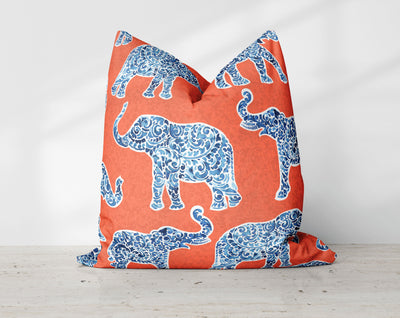 Indigo Elephants on Orange Decorative Pillow Throw Cover - Cush Potato Pillows